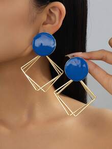 1 paire de boucles d'oreilles pendantes longues personnalisées minimalistes en émail bleu rond avec losange métallique creux géométrique multicouche, convient pour le port quotidien des femmes, petit cadeau pour les amies - Bleu azur - Voir 2