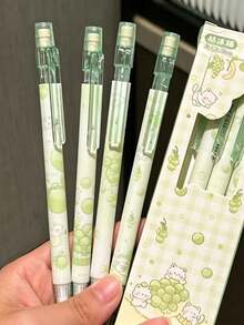 4pcs, Fruit Grape Cat Print Automatic Pencils, Pink Strawberry Cat Click Pencils, Summer Grape Print No-Sharpening Pencils, 0.5mm Lead - Grape - View 6