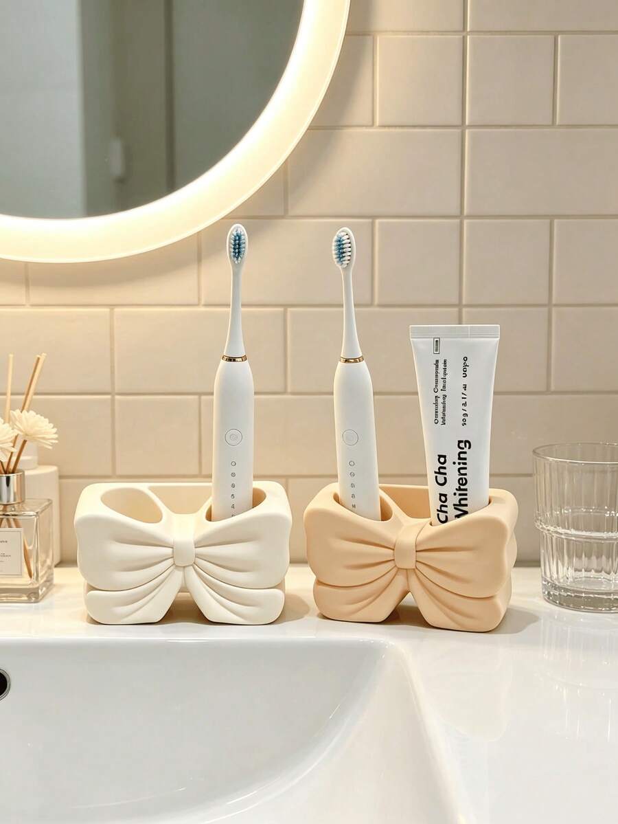1pc Cute Bow Electric Toothbrush Holder, Dual-Slot Toothpaste Storage Rack, Multi-Functional Bathroom Vanity Organizer, Sweet Bow Decor Bathroom Accessory, Home Decor, Bathroom Decor, Autumn Decor, Back To School Storage - Multicolor - View 1
