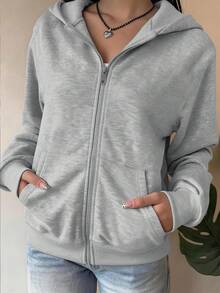 1 buah Jaket Sweatshirt Berkerudung dengan Resleting untuk Anak Perempuan, Cocok untuk Musim Gugur/Musim Dingin, Gaya Kampus, Pakaian Acara Pulang Kampung - Grey - View 1