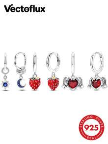 Vectoflux 1 Pair S925 Sterling Silver High Quality Low Hypoallergenic Women's Earrings Strawberry Skull Hand Heart Star Moon Hoop Earrings Wedding Party Gathering Jewelry Gift Suitable For Birthday Party Holiday Couple Gift - Multicolor - View 11