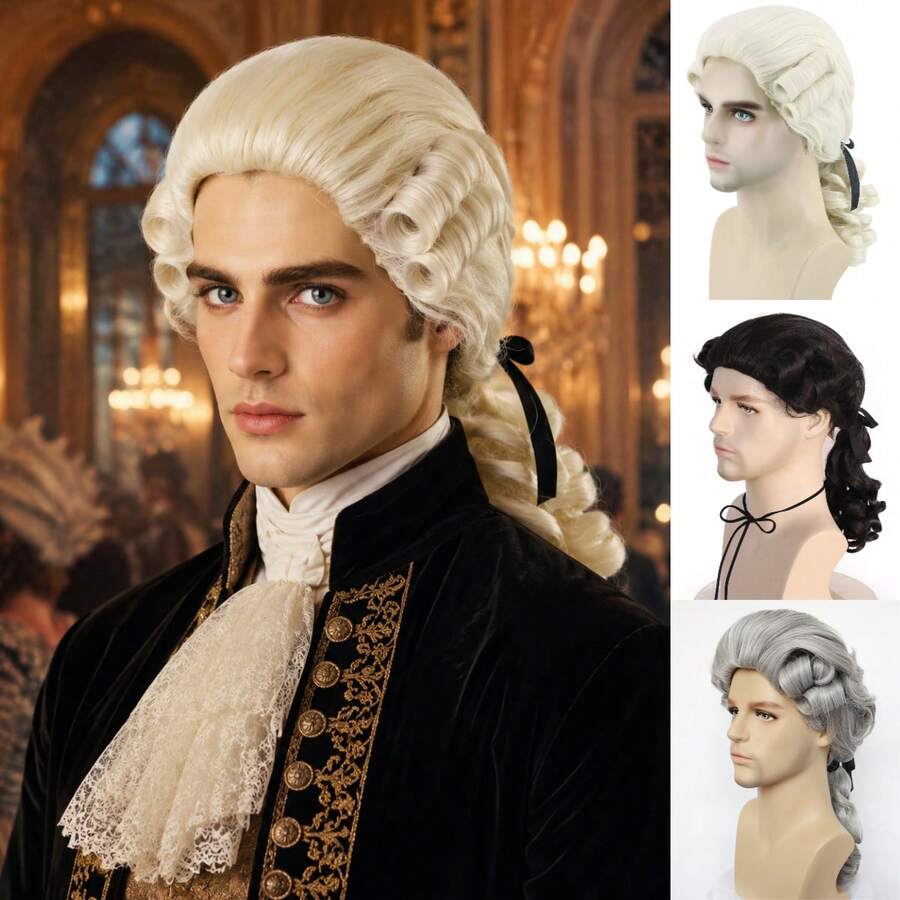 Vintage 18th Century Gentleman Judge Curly Ponytail Wig, Synthetic Fiber Full Head European Court Noble Style Wig, Halloween Historical Theme Cosplay Costume Accessory, Adult Men's - Multicolor - View 1