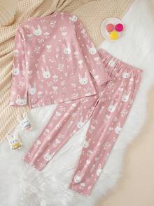 Young Girl 2pcs/Set Girls Pajama Set Long Sleeve Top And Pants Thermal Lined Thick Style Spring Autumn Winter Base Layer Versatile Clothing 4-12 Years Old - Multicolor - View 3