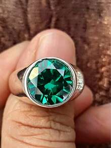 1 st silverfärgad rund signetring med grön zirkonia i infattning, unisex bred solid vintagefingerring, personlig, utan ask - Silver - Visa 1