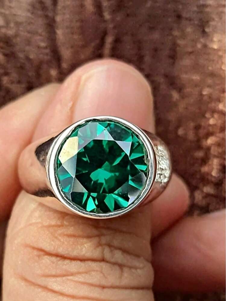 1件裝銀色圓形綠色鋯石鑲邊印章戒指，中性寬版實心戒圈復古個性化手指戒指，無盒裝 - 銀色 - 查看 1