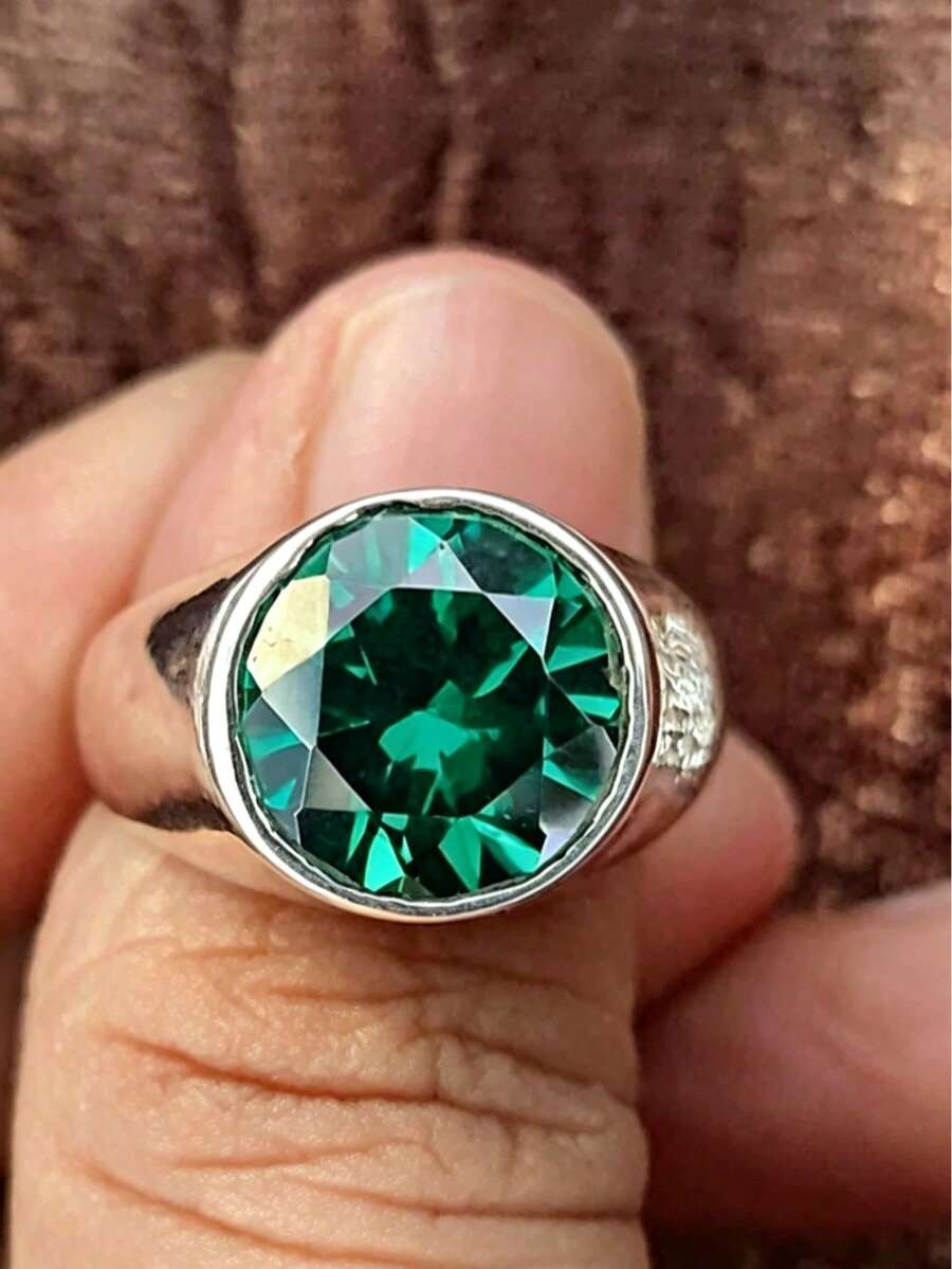 1 st silverfärgad rund signetring med grön zirkonia i infattning, unisex bred solid vintagefingerring, personlig, utan ask - Silver - Visa 1