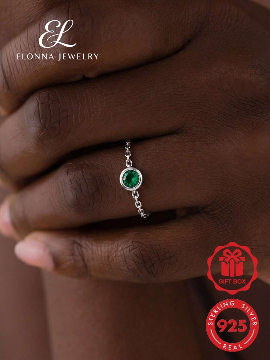 SYMFNY 925純銀極簡小鑲嵌軟鏈戒指，1件 - 綠色 - 查看 1