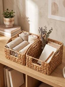 1 buah/2 buah Keranjang Penyimpanan Anyaman dengan Pegangan Terintegrasi, Keranjang Eceng Gondok untuk Rak, Kamar Tidur, Ruang Tamu, Asrama, Kamar Mandi & Dapur, Organizer Dekorasi Boho Rustic untuk Kosmetik, Camilan, Perhiasan & Aneka Barang - View 5
