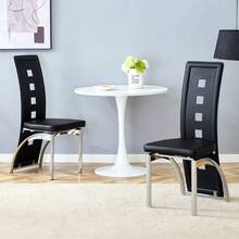 [Conjunto de 2] Sillas de Comedor de Diseño Europeo con Patrón de Agujeros, Cuero PU Blanco + Patas de Metal Plateado, 102.5 de altura, para Sala de Estar o Estilo Moderno. - Negro+Plateado + Metal + Cuero PU + Juego de 2 - Ver 2