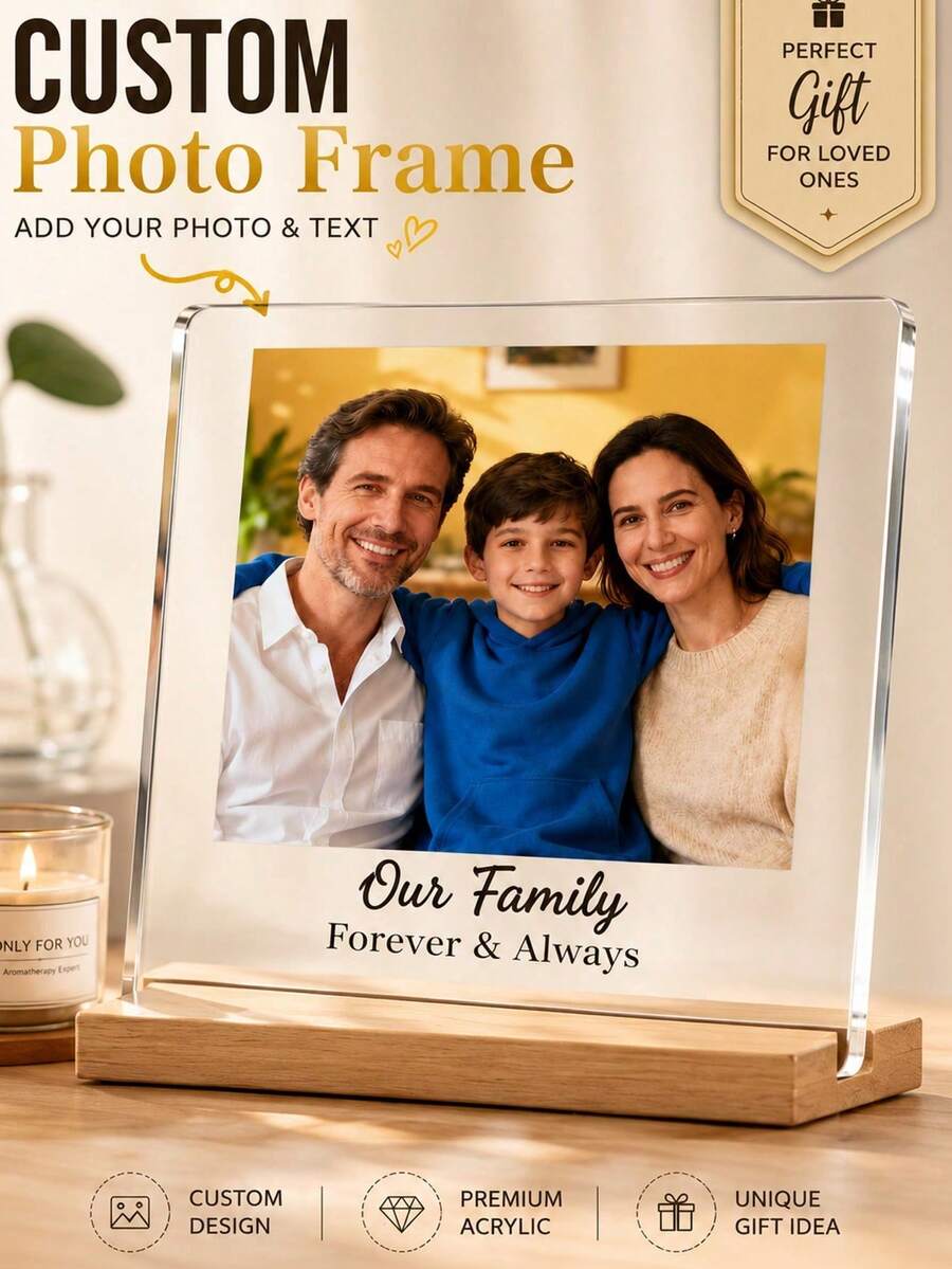 Custom Photo Acrylic Frame With Wooden Base, Personalized Picture Frame With Text, Transparent Plaque Photo Print, Family Portrait Display, Anniversary Birthday Wedding Gift, Memorial Keepsake, Clear Acrylic Photo Stand, UV Printed - Multicolor - View 1