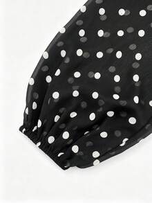 Women's Autumn Black Polka Dot Chiffon Ruched Blouse, Semi-High Neck, Back Bow, Long Sleeve, Commute Daily Elegant Blouse, Vacation Style - Black - View 6