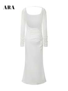 ARA CHIC Women White Square Neck Low Open Back Maxi Dress Long Sleeve Ruched Side Waist Bodycon Elegant Party Wedding Guest Dress Fall - White - View 8
