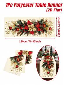 1件裝聖誕桌旗，波印花、冬青、紅漿果與松枝圖案，聚酯纖維 180*35cm 聖誕桌布，桌布，聖誕快樂裝飾，聖誕裝飾，聖誕餐桌裝飾，廚房餐桌裝飾，節日派對裝飾，冬季居家裝飾，室內外通用 - 彩色 - 查看 6