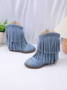 女童短款中筒靴，亮片刺繡流蘇高跟西部靴，拼色圓頭側拉鍊設計 - 藍色 - 查看 3