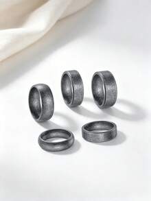 5Pcs Minimalist Vintage Distressed Plain Band Stainless Steel Men Rings, Men's Jewelry Accessories, Ideal For Daily & Business Wear - Antique Silver - View 3