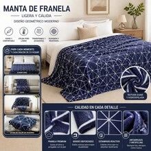 Soft Flannel Blanket With White Geometric Line Pattern On Navy Blue, Lightweight Polyester Throw For Bed, Sofa And Camping, Multiple Sizes - Blue - View 1