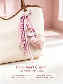 Y2K Crocodile Pattern PU Heart Keychain, Woven Tassel Bag Charm With Spring Coil Rope, Vintage Bag Decoration, Aesthetic Bag Accessory Gift For Girls - Multicolor - View 3