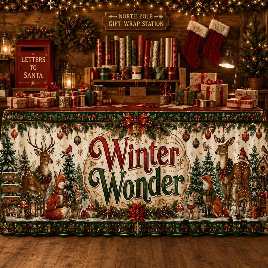 Christmas Table Skirt, Winter Wonderland Polyester Table Cover With Deer, Fox, Rabbit, Pine Tree, Snowflake And Holiday Gift Pattern, Rustic Woodland Christmas Decoration For Home Dining Party - A - View 1