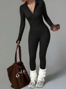 Women's Long Sleeve Zipper Fitted Jumpsuit, High Elastic Design, Slimming And Flattering, Comfortable And Skin-Friendly, Suitable For Daily Wear And Sports - Black - View 6