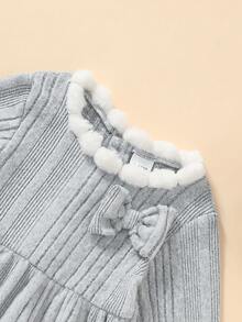 2pcs/Set Baby Girl Long Sleeve Ribbed Jacquard Pom Pom Lace Bow Dress + Grey Hat, Spring/Autumn Outfit Set - Grey - View 4