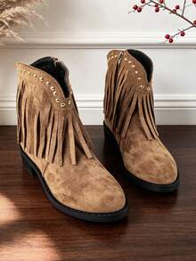 1 Pair Kids Western Style Fringe Ankle Boots, Rivet Decor Side Zipper Cowboy Boots, Children's Outfit Boots For Travel And Holiday Party Looks - Brown - View 6
