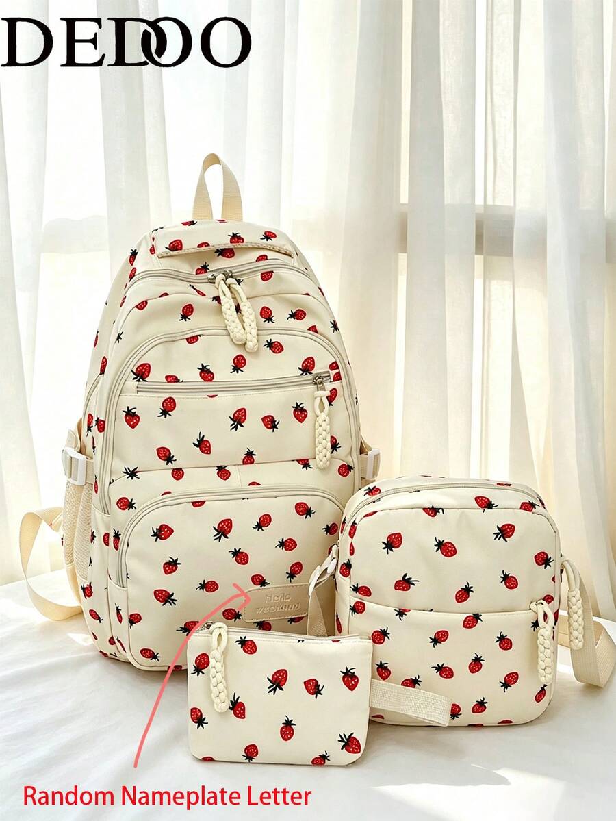 Dedoo 3 PiecesBackpack Set, Strawberry Print, Beaded Zipper, Large Capacity, School Bag, College Campus, Sweet Korean Style Student Daily Backpack