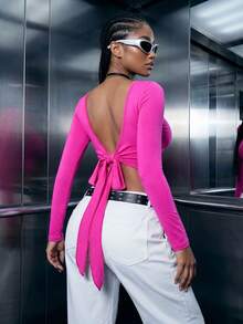 Women's Casual Solid Color Deep V-Neck Knot Fitted Cropped Long Sleeve Top, Everyday Wear, Spring/Summer Women's Top - Hot Pink - View 4