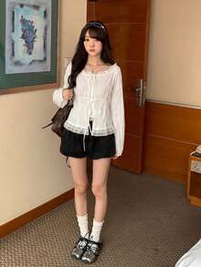 Sweet Style Lace Trim Tie-Front Long Sleeve Blouse, Chic Autumn Top For Women - White - View 5
