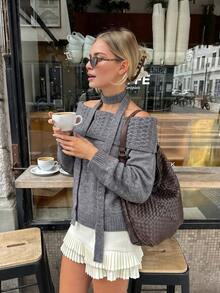 Autumn/Winter New Slouchy Off-Shoulder Cable Knit Sweater Halter Neck Ribbon Pullover Knit Top - Grey - View 1