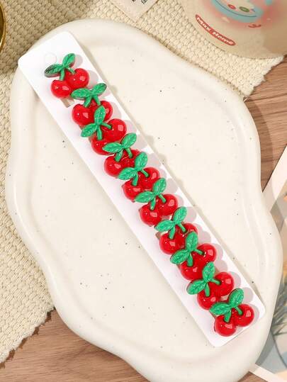 10pcs Korean Style Fresh Cute Fruit Cartoon Cherry Hair Clips, Side Ponytail Braided Accent Snap Clips, Sweet Fairy Style Hair Accessories