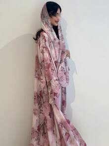 Fashion Chiffon Printed Long Outerwear Jacket (Includes Headscarf) - Pink - View 4