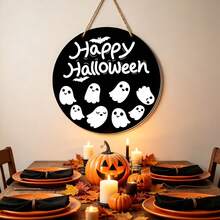 1 Peça Placa de Porta Redonda Preta "Feliz Halloween" de Madeira com Fantasma Pendurado - Decorada com Padrões Fofos de Fantasma e Morcego; Adequada para Decorar Porta da Frente ou Parede para Criar Atmosfera Festiva, Decoração Divertida para Festa em Casa e Varanda - multicolorido - Visão 6