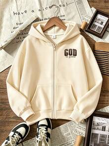 Girls Leopard Print Letter Graphic Hooded Zip-Up Sweatshirt, Casual Long Sleeve Jacket, Comfortable Soft Fabric, Suitable For Autumn/Winter Wear - Apricot - View 3