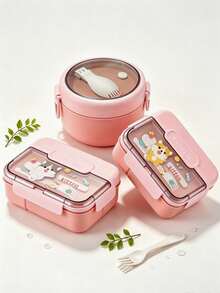 SEAL LOCK Pink Lunch Box Set, PP Material Bento Box, Cute Cartoon Print Portable Meal Box, Food Storage Container, Suitable For Students And Office Workers - Pink - View 2
