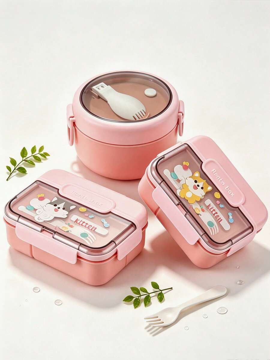 SEAL LOCK Pink Lunch Box Set, PP Material Bento Box, Cute Cartoon Print Portable Meal Box, Food Storage Container, Suitable For Students And Office Workers