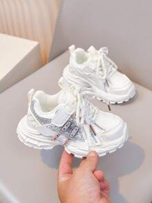 1 Pair New Girls' Sequin Rhinestone Thick Sole Sneakers, Casual Fashion Breathable Height-Increasing Chunky Sneakers - Beige - View 7