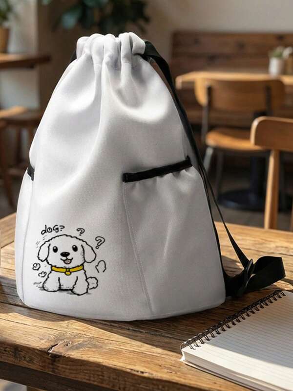 1pc Drawstring Backpack, Sack Bag, Sports Backpack, Large‑Capacity Lightweight Style, Storage Pouch For Outdoor Trips & Fitness, Puppy Pattern Print, Conveniently Stores Sports Gear And Change Of Clothes