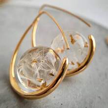 Gmzalx Fresh Literary Style Women's Water Drop Ear Hooks, Dandelion Dried Flower Glass Ball, Multi-Functional Daily Commute Picnic Date Minimalist Earrings - Gold - View 1