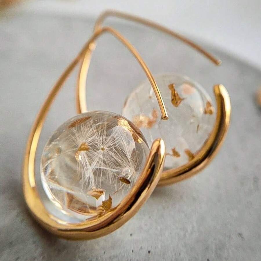 Gmzalx Fresh Literary Style Women's Water Drop Ear Hooks, Dandelion Dried Flower Glass Ball, Multi-Functional Daily Commute Picnic Date Minimalist Earrings - Gold - View 1