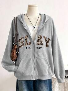 1 Jaket Hoodie Zipper Anak Perempuan dengan Motif Macan Tutul dan Grafis Huruf Inggris, Musim Gugur/Dingin, Gaya Kampus, Pakaian Homecoming - Grey - View 9