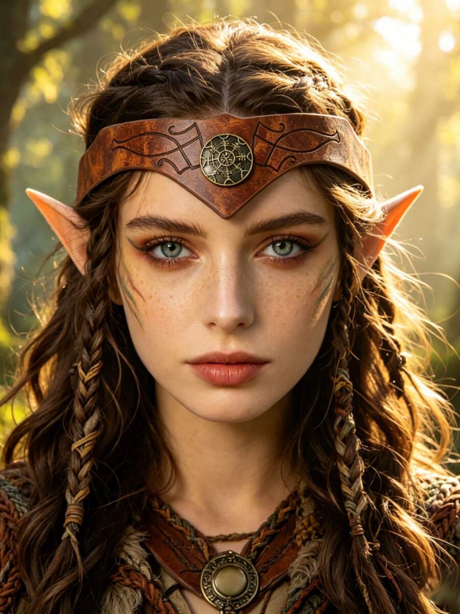 Medieval Elf Cosplay Headband, Vintage Rune PU Leather Forehead Ornament, Halloween Role Play Party Women's Costume Accessory - A - View 1