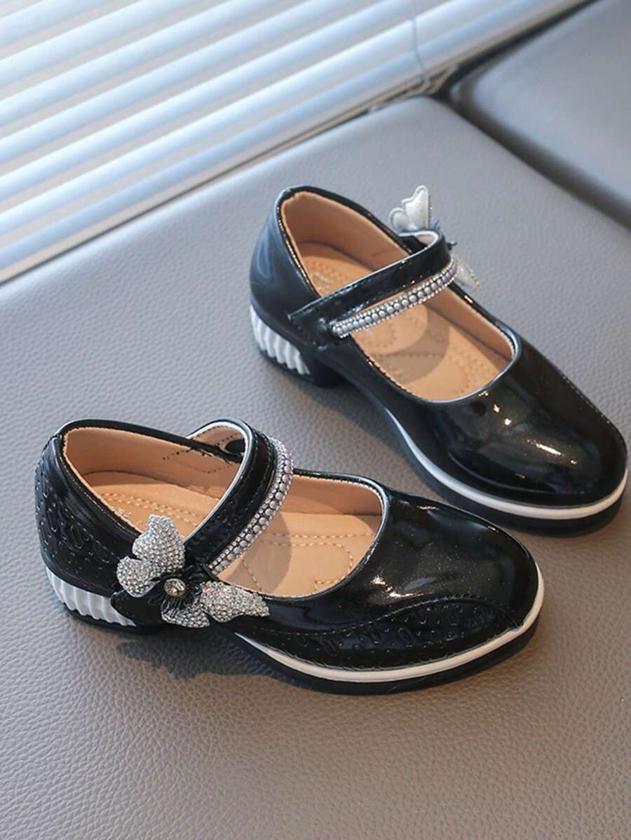 Girls' Rhinestone Bow High-Heeled Princess Leather Shoes - Black - View 1