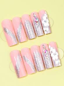 24PCS Long Square Press On Nails, Sheer Nude Base With Iridescent Glitter French Tips, 3D White Hand-Sculpted Flowers, Shiny Teardrop & Round AB Rhinestone Inlay. Elegant Luxury Reusable False Nails Suitable For Wedding, Party - Multicolor - View 3