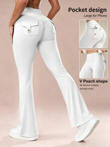 6pecil High Waist Pocket Pleated Flare Leg Sports Pants Fall - Pearl White - View 2