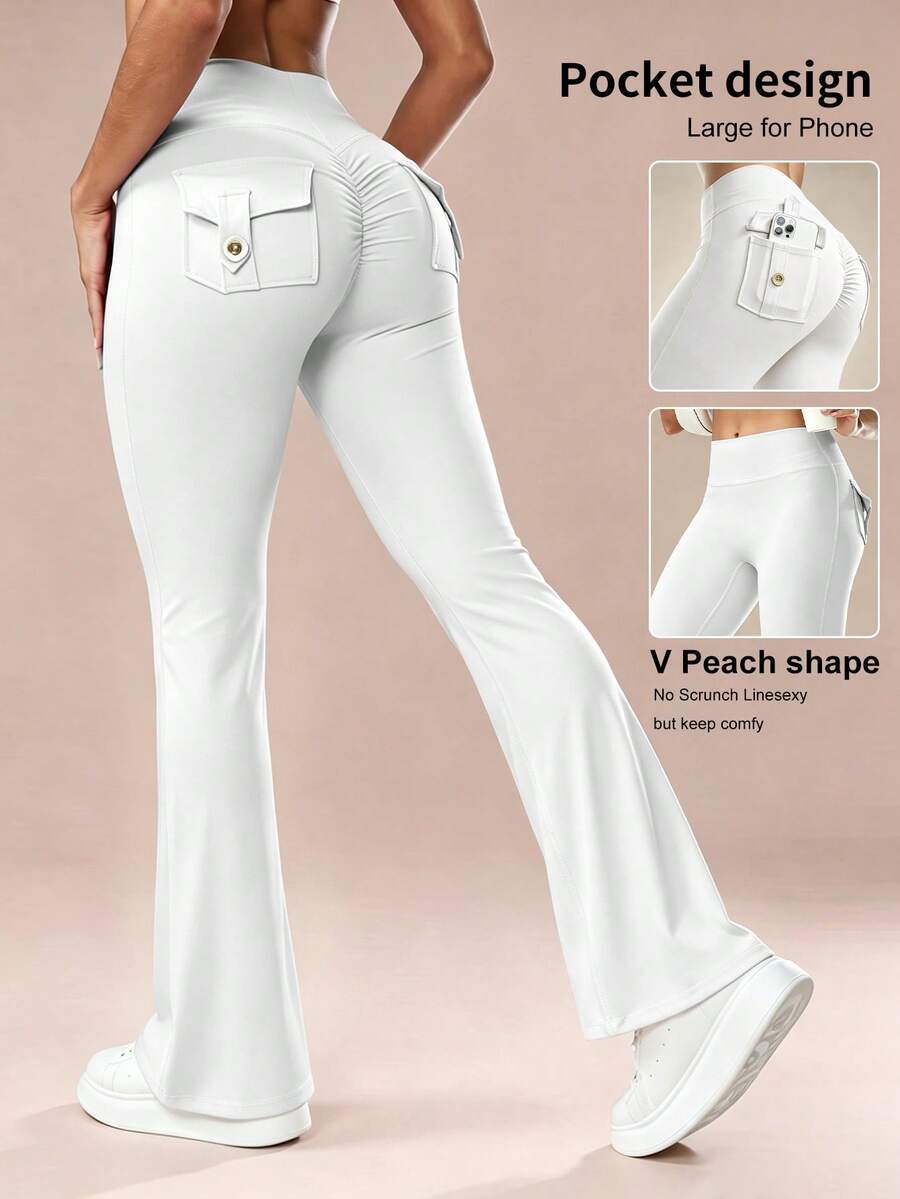 6pecil High Waist Pocket Pleated Flare Leg Sports Pants Fall