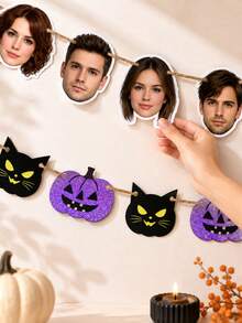 Custom Halloween Photo Banner, Spooky Personalized Face Garland For Party Backdrop & Wall Decor, Pumpkin Cat Bunting, Customized Picture Holiday Party Sign, Customizable Halloween Room Decor Gift, Garden, Living Room Decoration, Gifts For Friends - Style a - View 4