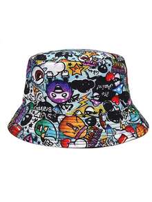 New Personalized Graffiti Double-Sided Bucket Hat, Unisex Spring/Summer Colorful Printed Sun Protection Hat - Multicolor - View 2