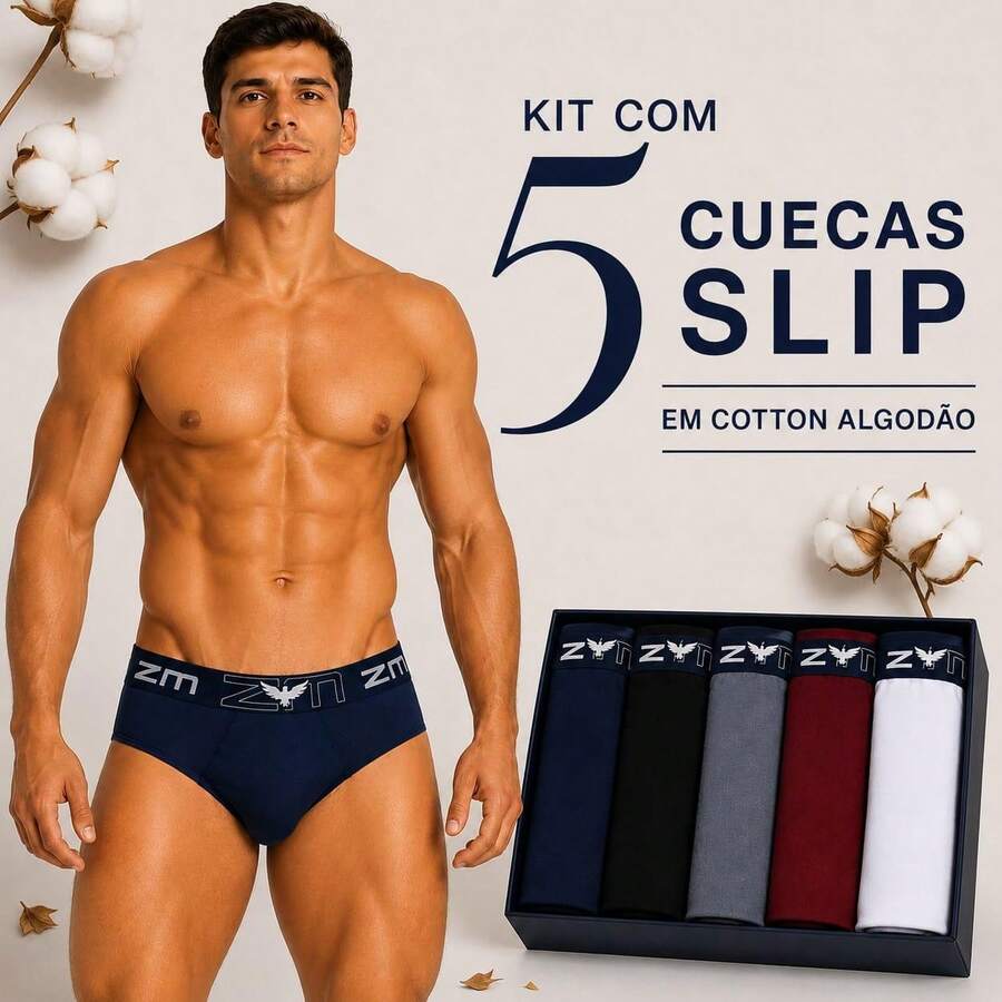 Kit com 5 Cuecas Slip Adulto em Algodão Cueca Básica Masculina Conforto e Qualidade - Multicolorido - Visão 1