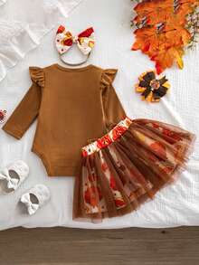 2pcs Baby Girl Turkey Pattern Long Sleeve Bodysuit With Tulle Skirt And Headband Set, Cute Holiday Outfit For Spring And Autumn - Khaki - View 2