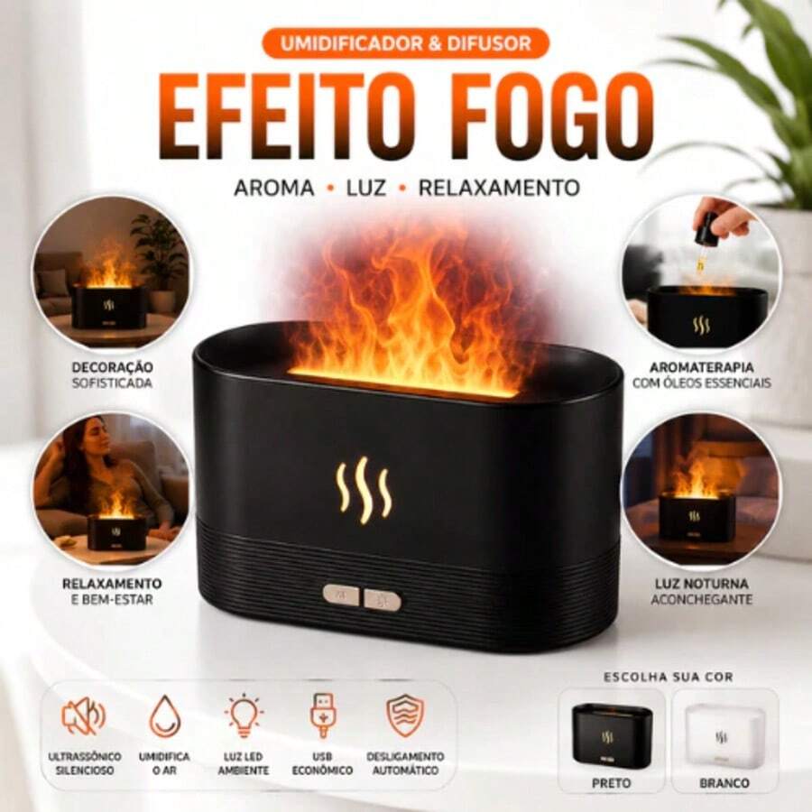 Umidificador de Ar Ultrassônico com Difusor de Aromas, Efeito Chama de ...